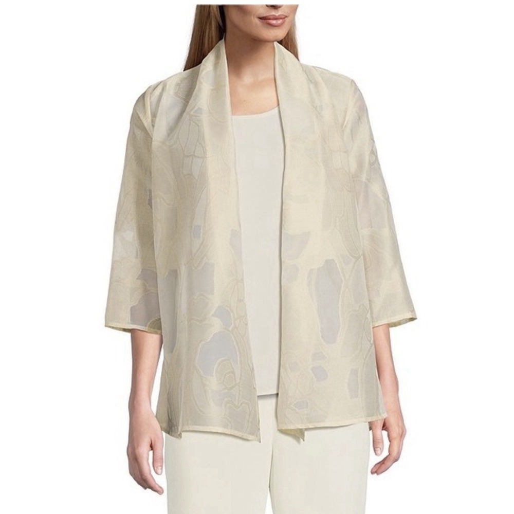 Caroline Rose Elegance Devore sheer lace draped cardigan Champagne/White‎
